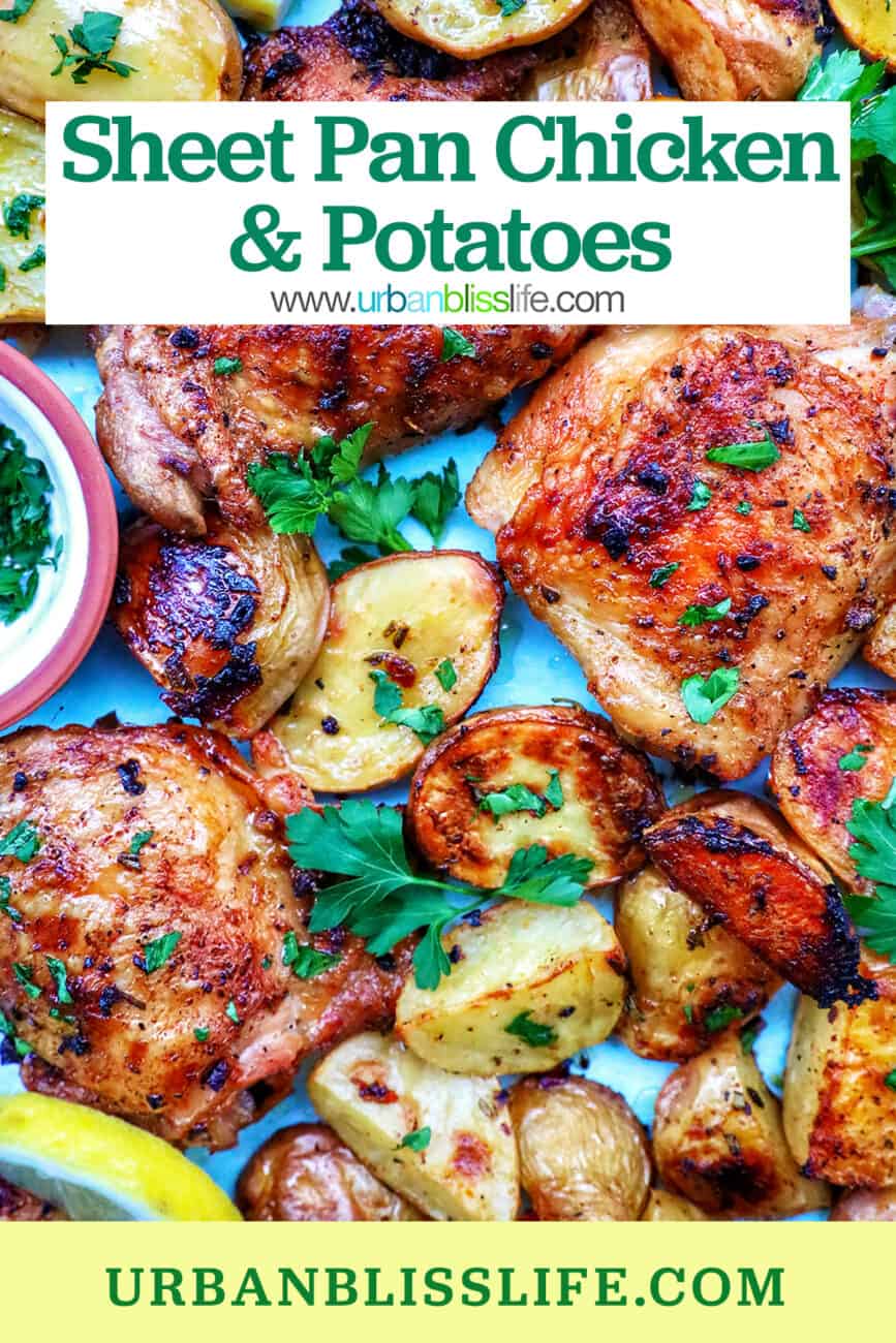 chicken and potatoes garnished with parsley with title text overlay.