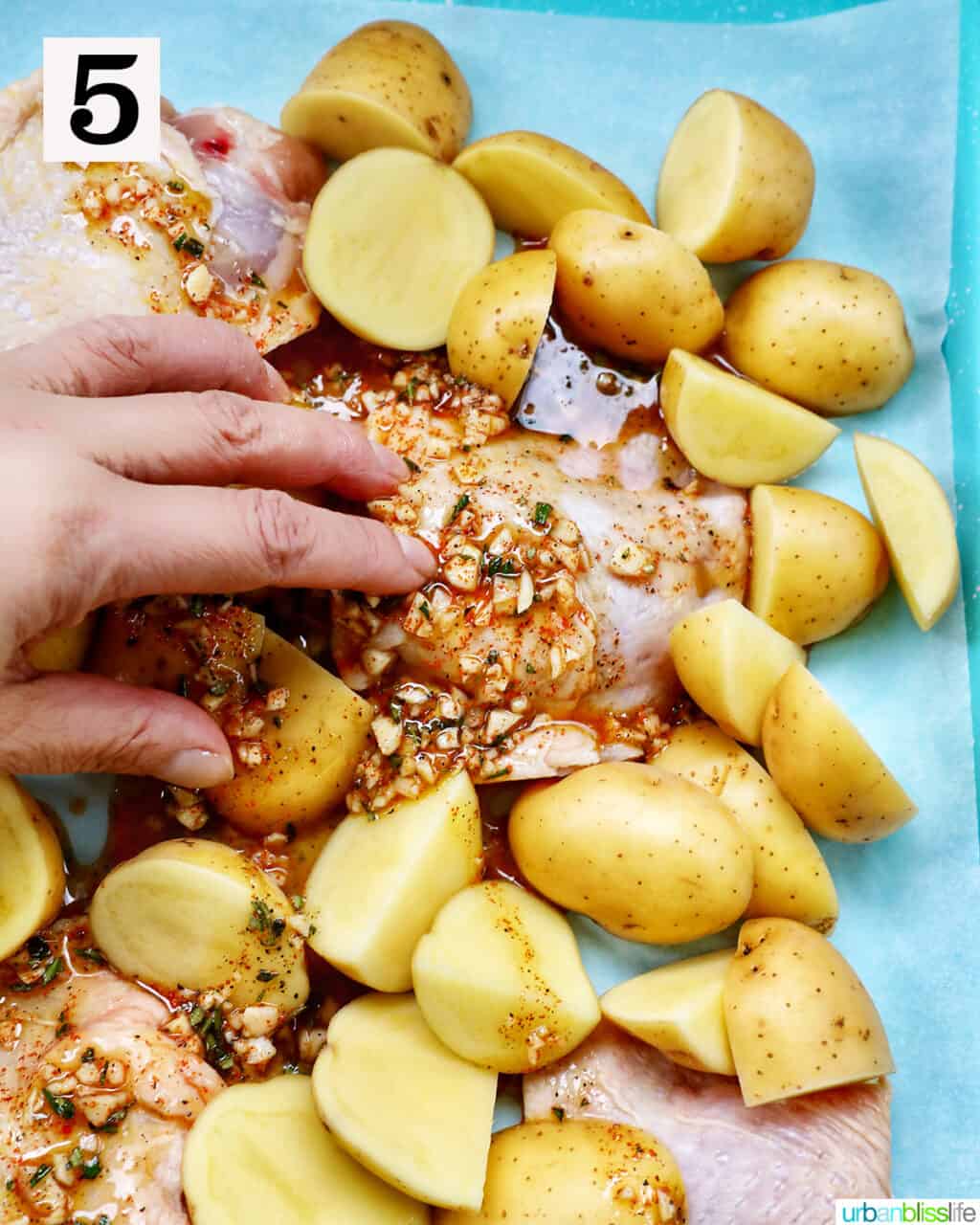 hand seasoning chicken and potatoes.