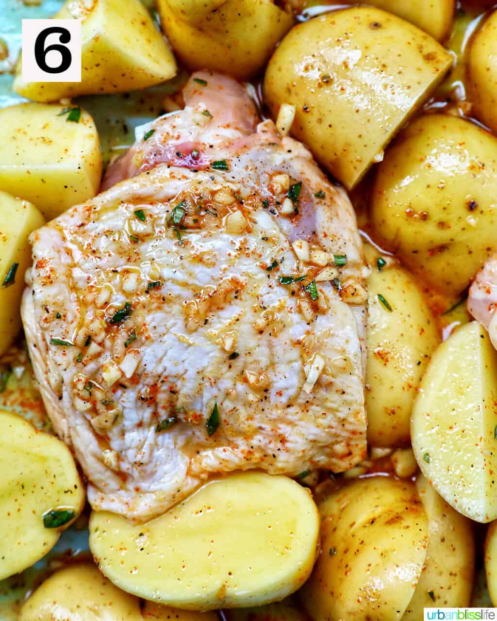 seasoned raw chicken and sliced potatoes.