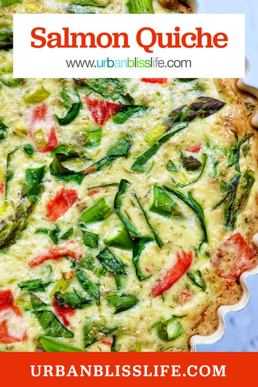 salmon asparagus and spinach quiche with title text overlay that reads "Salmon Quiche."