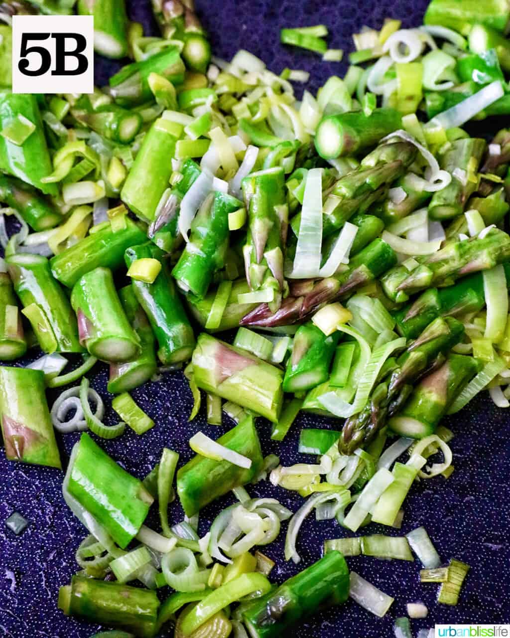 sliced asparagus and leeks in a pan.