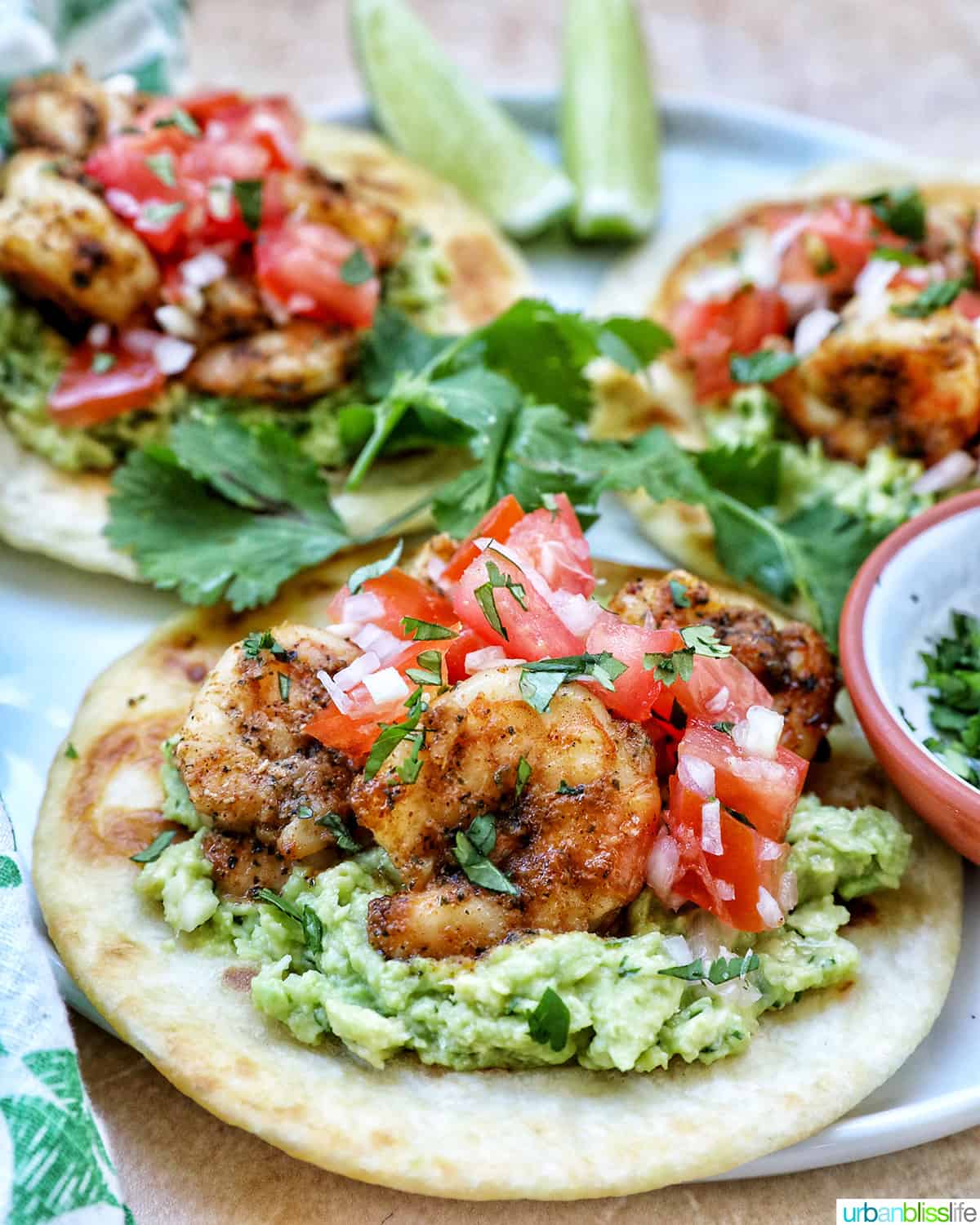 pico de gallo, shrimp, and guacamole on a tortilla with cilantro leaves on the side.