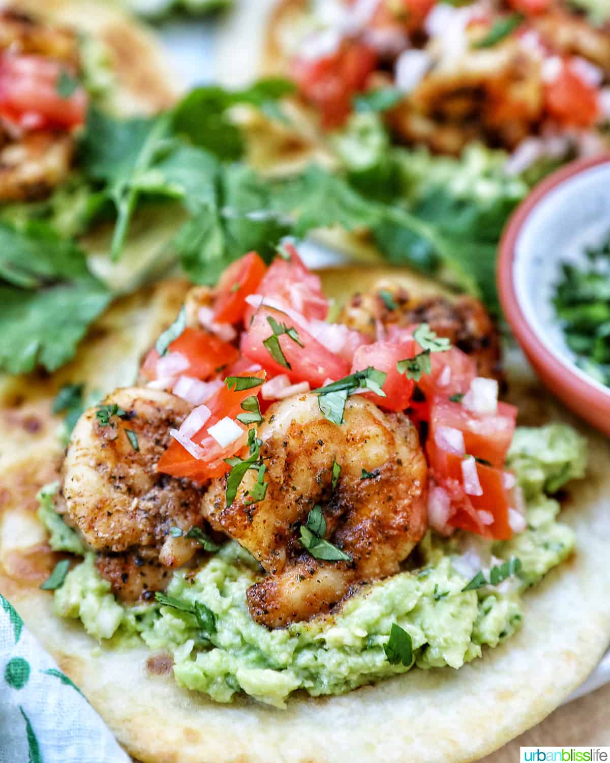 pico de gallo, shrimp, and guacamole on a tortilla with cilantro leaves on the side.