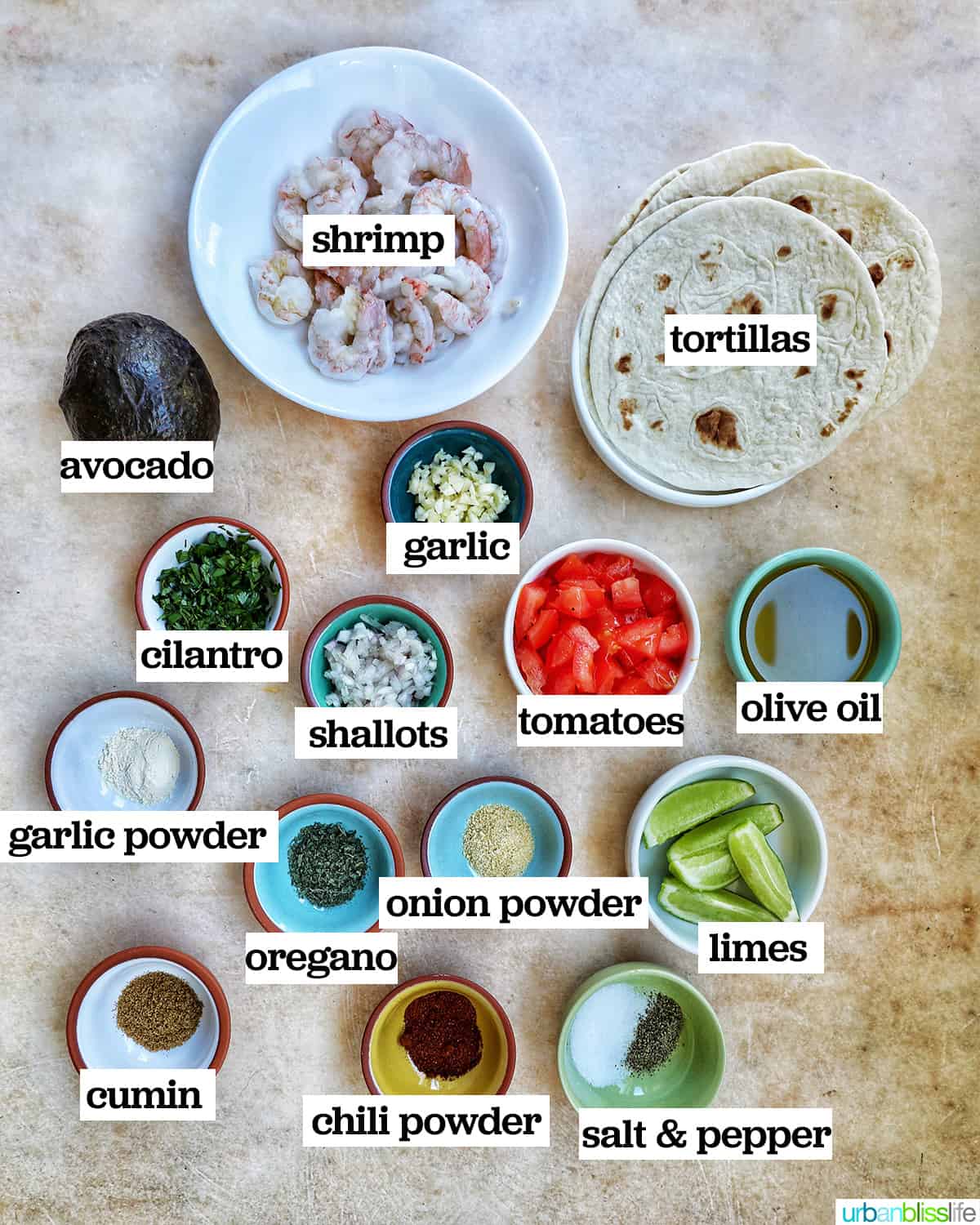 bowls of ingredients to make shrimp tostadas.