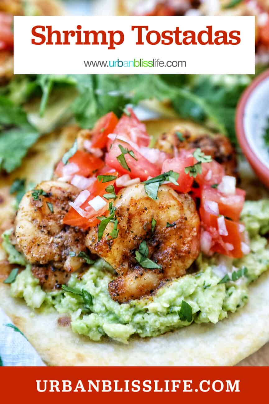 pico de gallo, shrimp, and guacamole on a tortilla with cilantro leaves on the side and title text overlay.