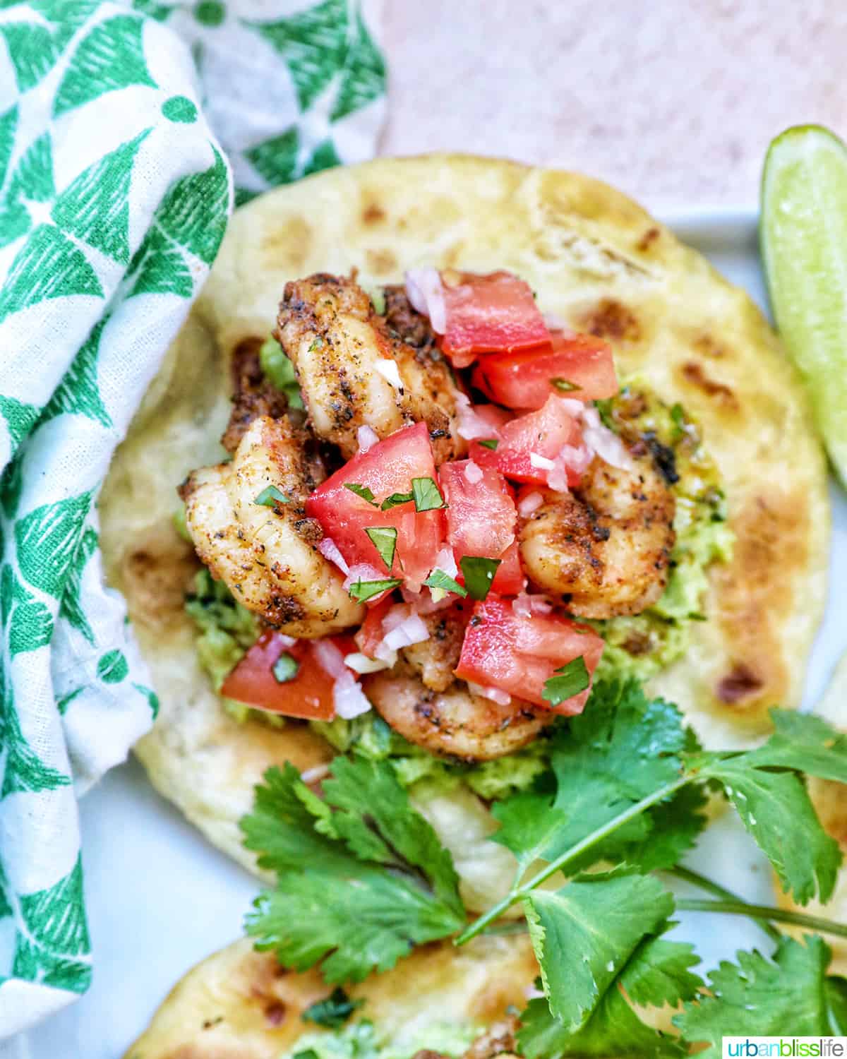 pico de gallo, shrimp, and guacamole on a tortilla with cilantro leaves on the side.