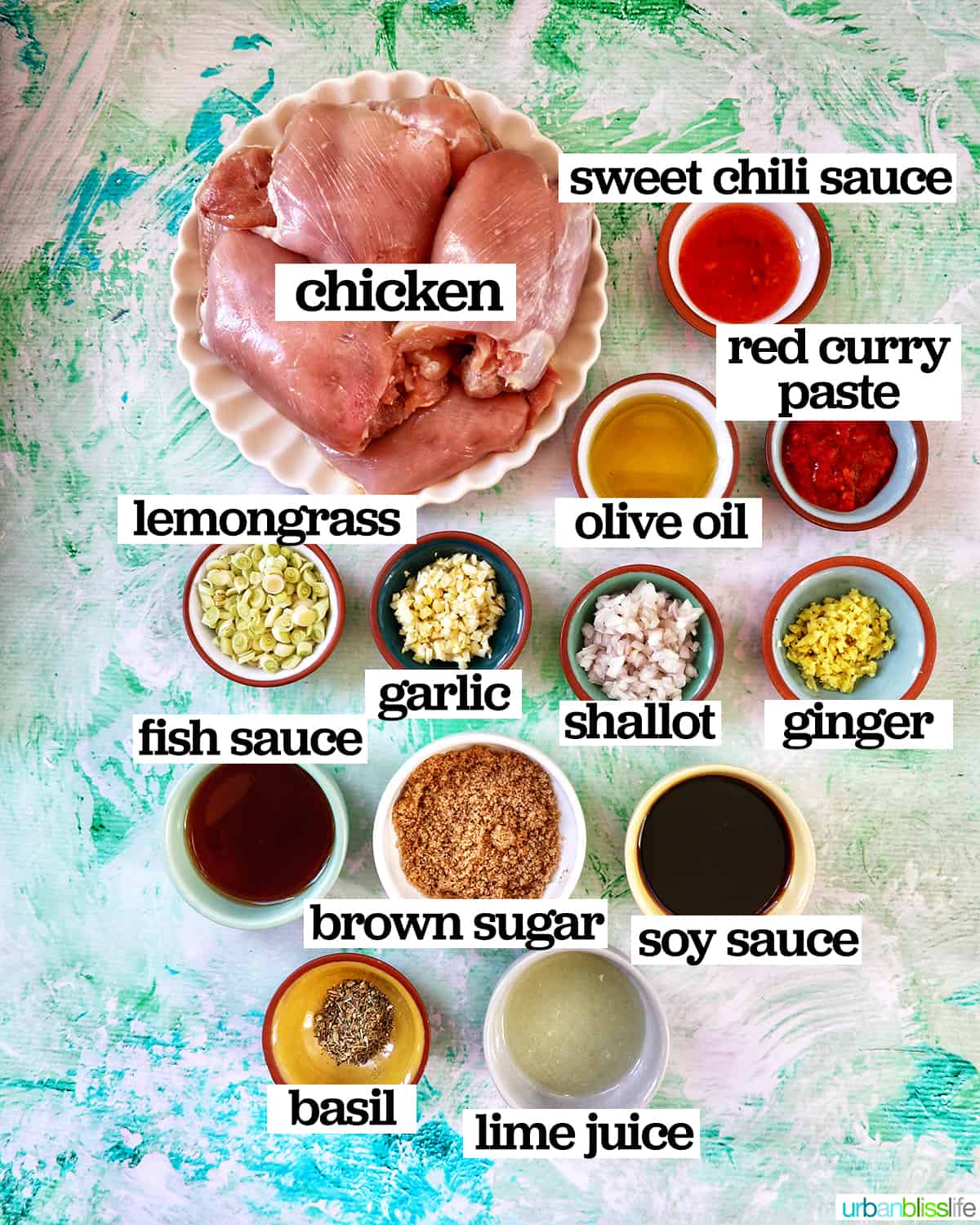 bowls of ingredients to make Thai Lemongrass Chicken with text overlays over each ingredient.