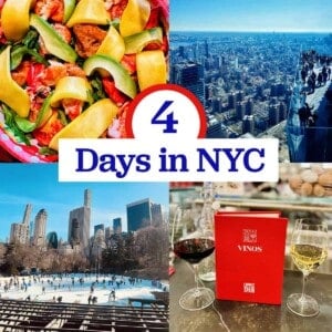 lobster mango salad, city view from The Edge, Central Park ice skating, and glasses of wine with title text that reads "4 Days in NYC."