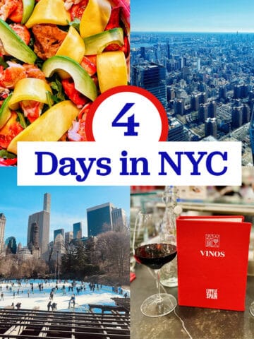lobster mango salad, city view from The Edge, Central Park ice skating, and glasses of wine with title text that reads "4 Days in NYC."