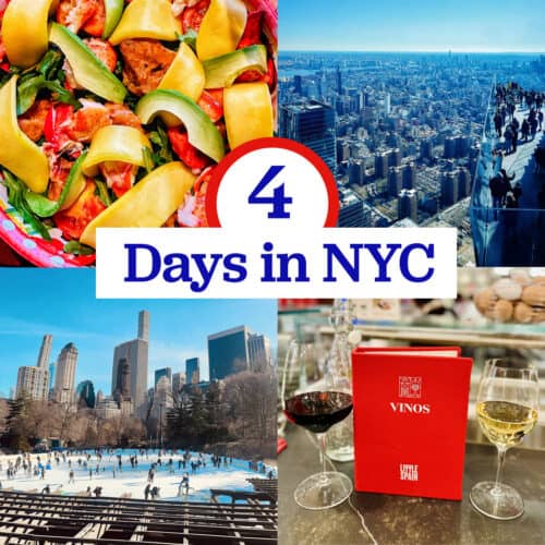 lobster mango salad, city view from The Edge, Central Park ice skating, and glasses of wine with title text that reads "4 Days in NYC."