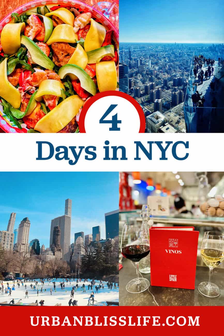 lobster mango salad, city view from The Edge, Central Park ice skating, and glasses of wine with title text that reads "4 Days in NYC."