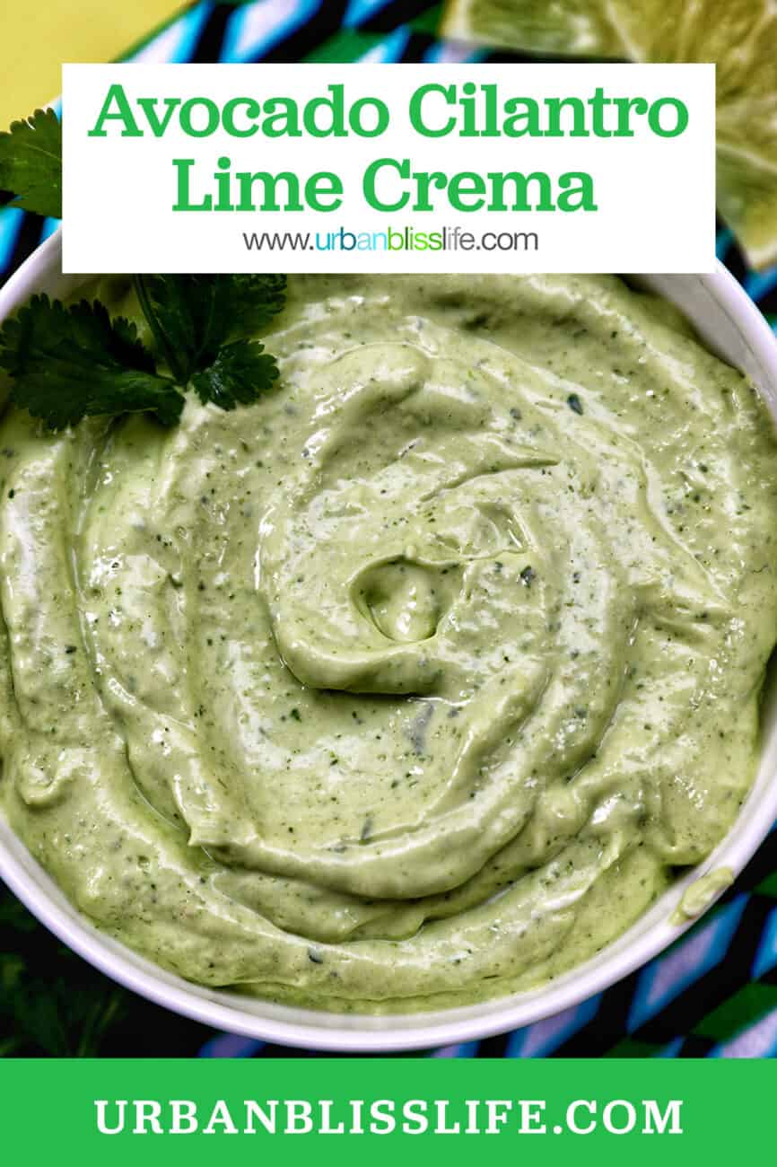 bowl of avocado cilantro lime crema on a colorful modern napkin with garnish of cilantro leaves with title text overlay.