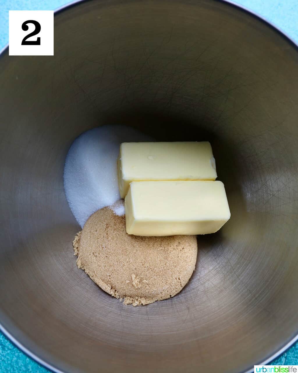 bowl with brown sugar, granulated sugar, and butter.