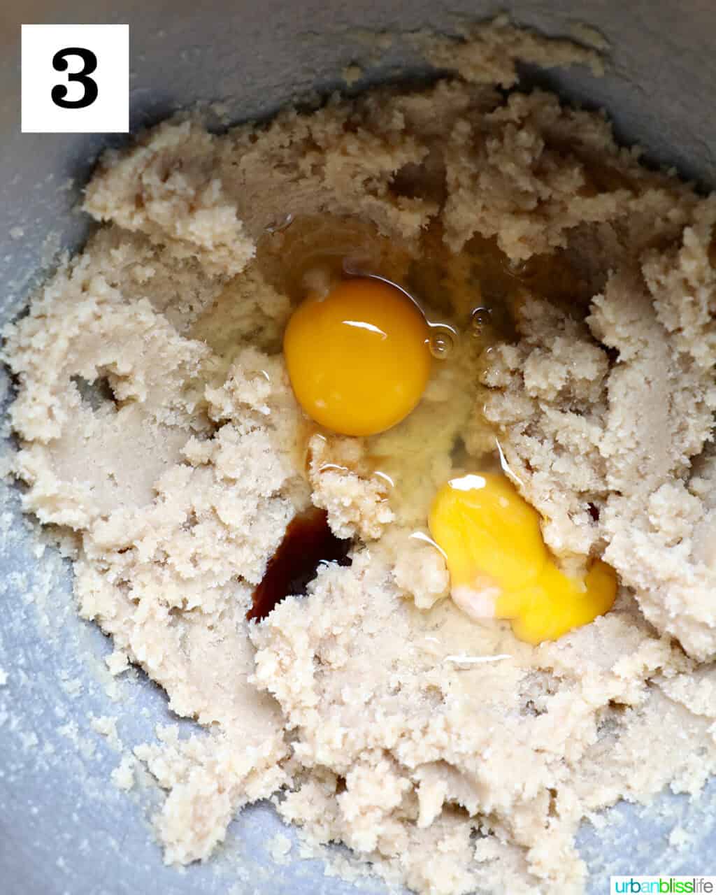 bowl with cookie dough and eggs.