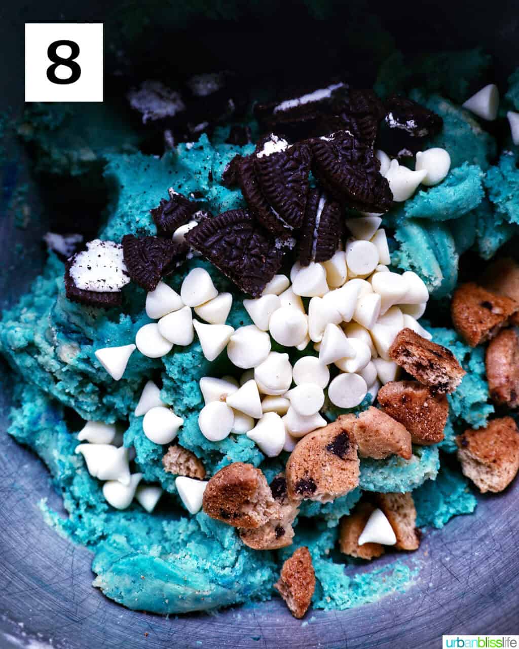 bowl with ingredients making Cookie Monster cookies.