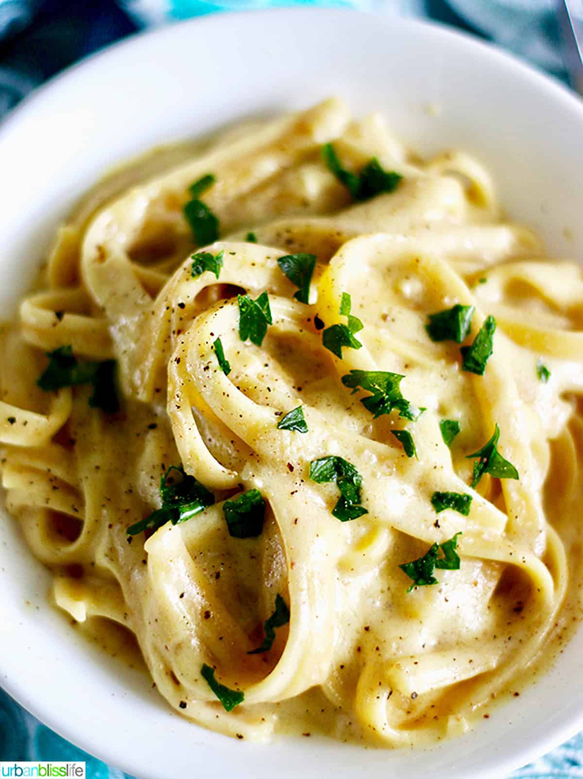 bowl of dairy free fettuccine alfredo.