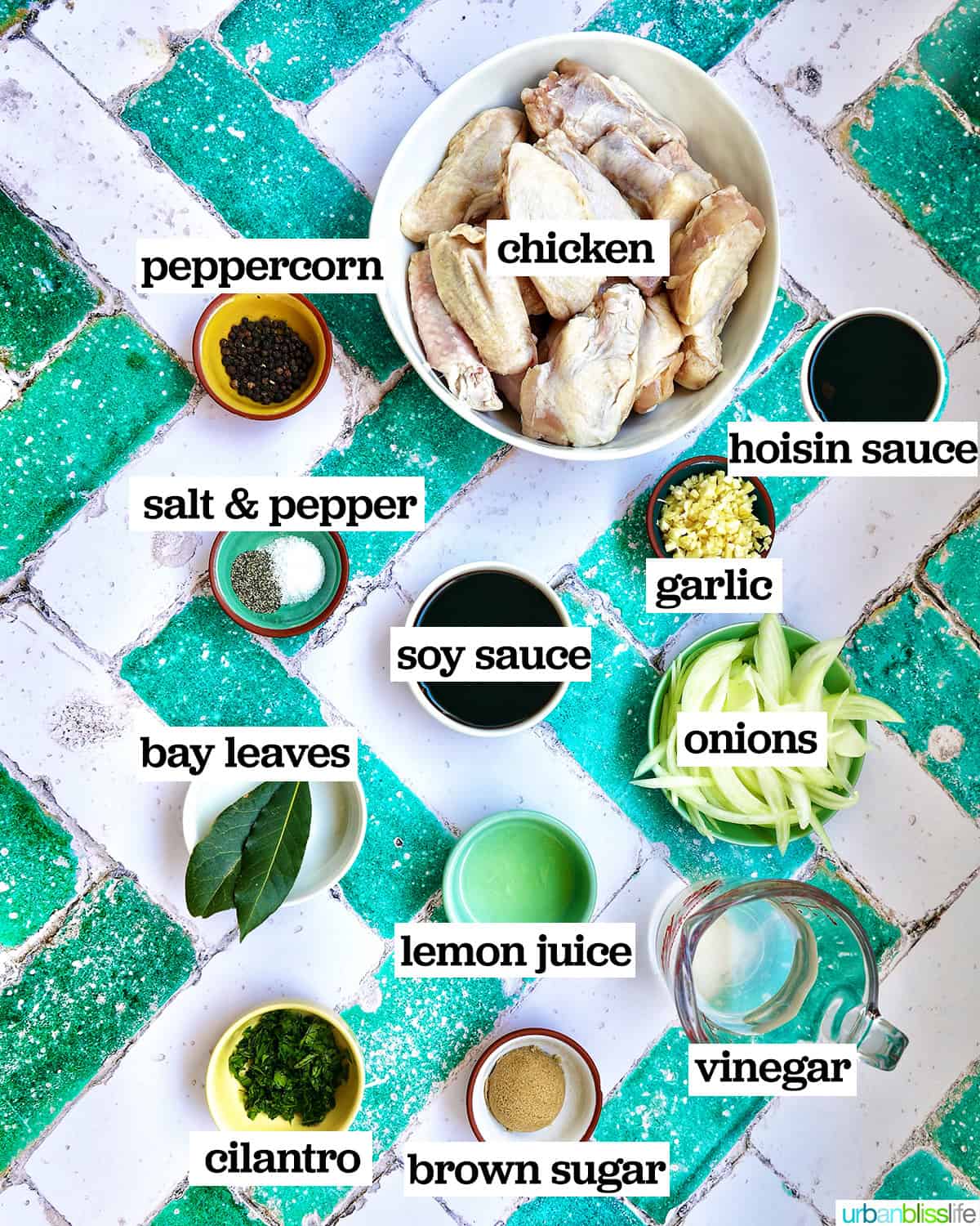bowls of ingredients to make Filipino adobo chicken wings.