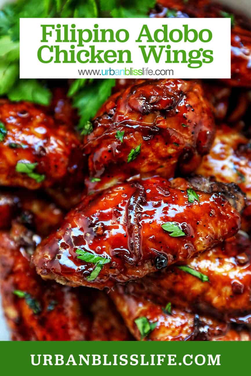 bowl of Filipino adobo chicken wings and fresh parsley with title text overlay.