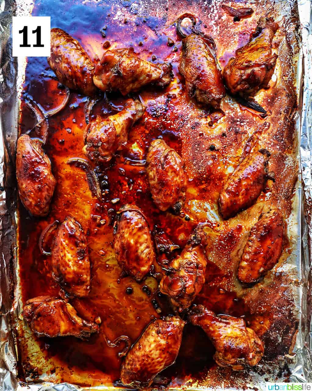 baked Filipino adobo chicken wings on a baking sheet.