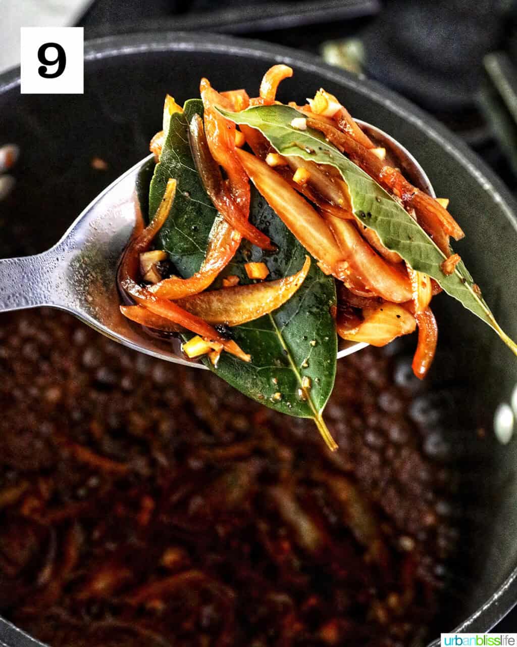 spoon holding up bay leaves, onions, and garlic out of a saucepan of adobo sauce.