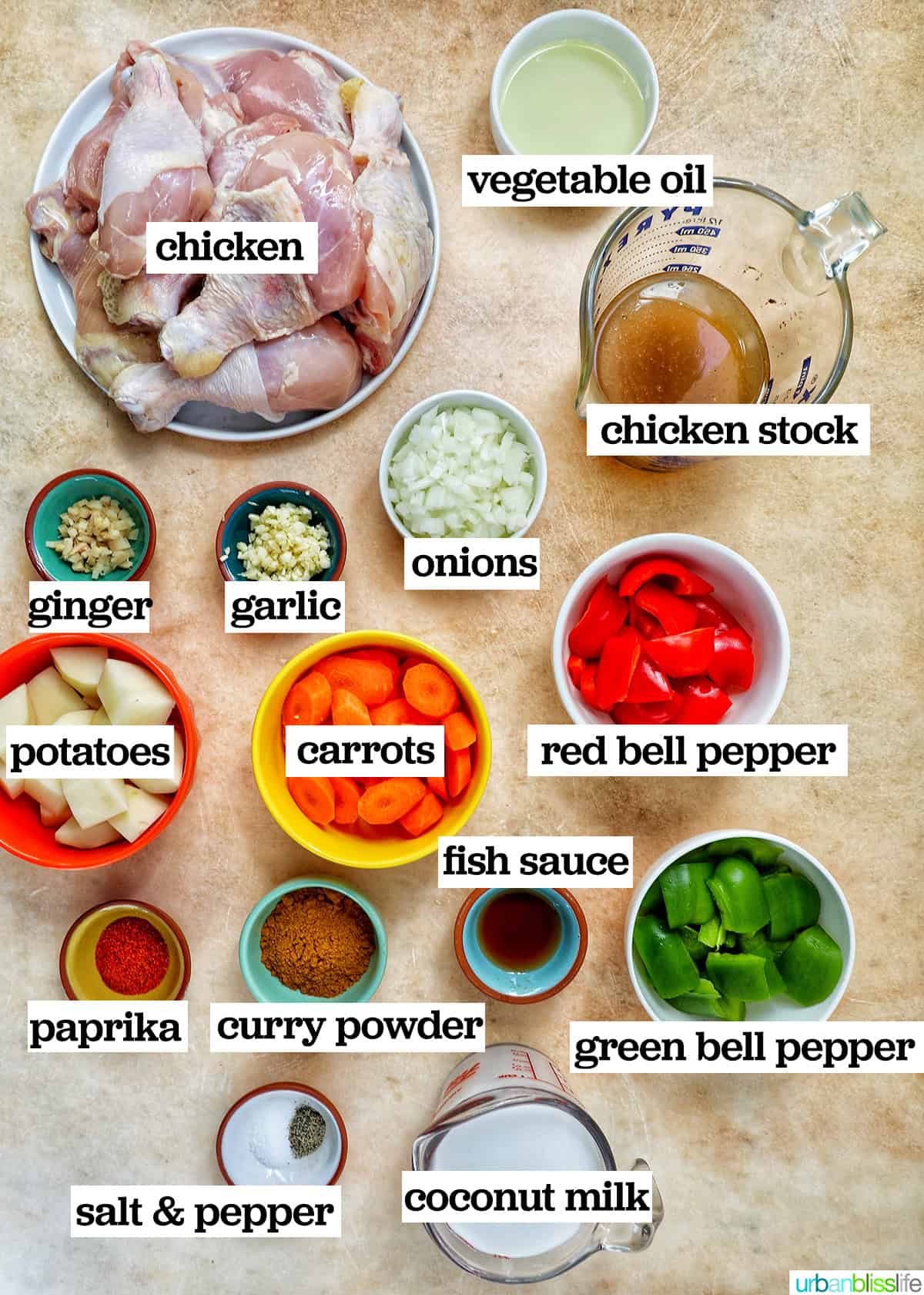 bowls of ingredients to make Filipino chicken curry.