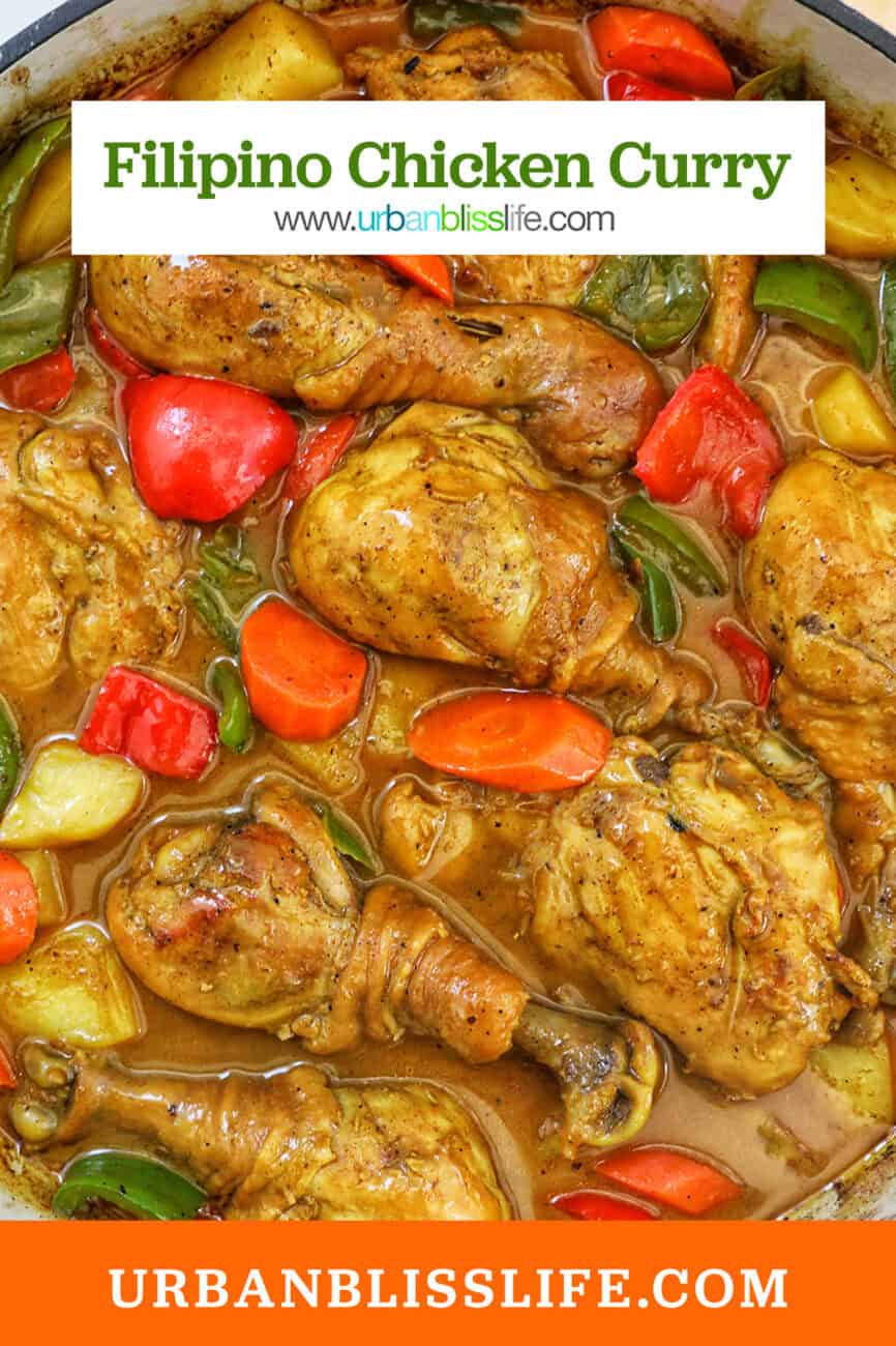 Filipino Chicken Curry with vegetables in a large pan and title text overlay.