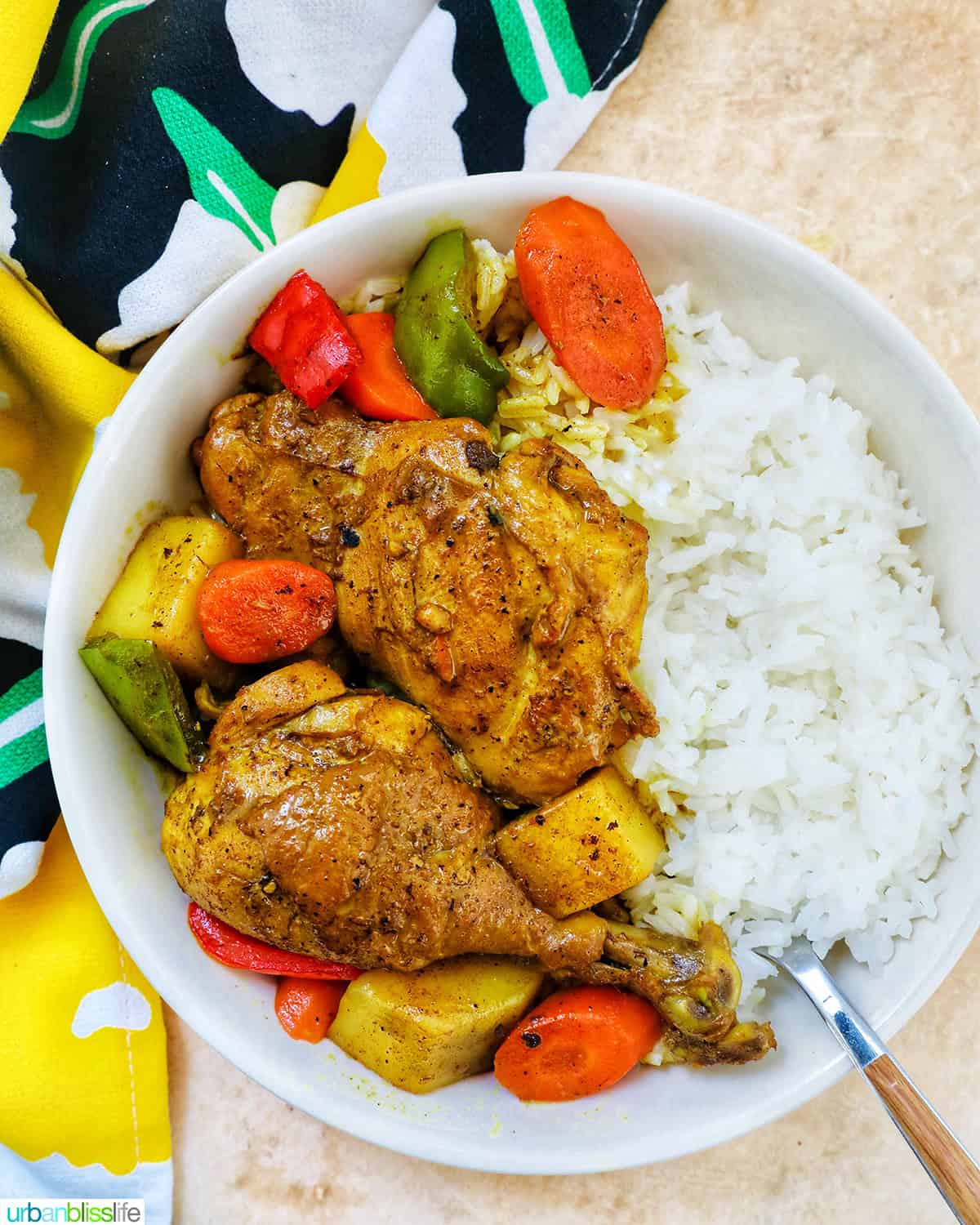 Filipino Chicken Curry with vegetables and white rice.