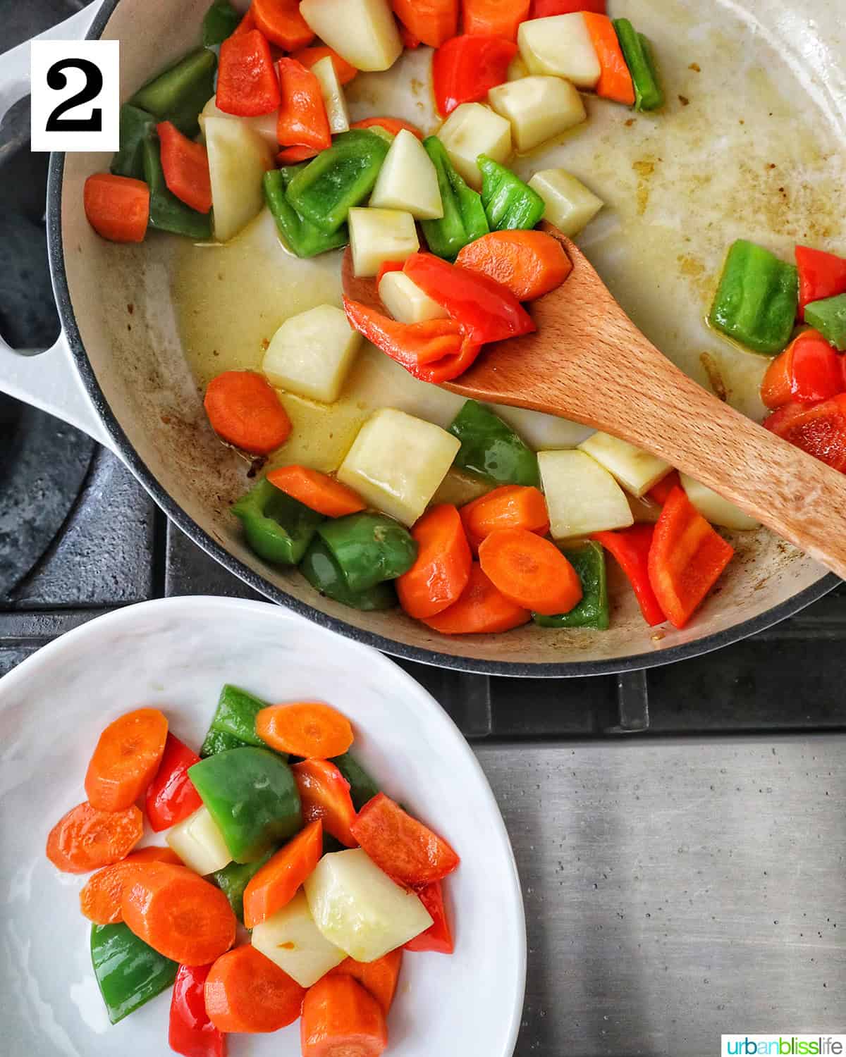 chopped vegetables in a large pan and wooden spoon.