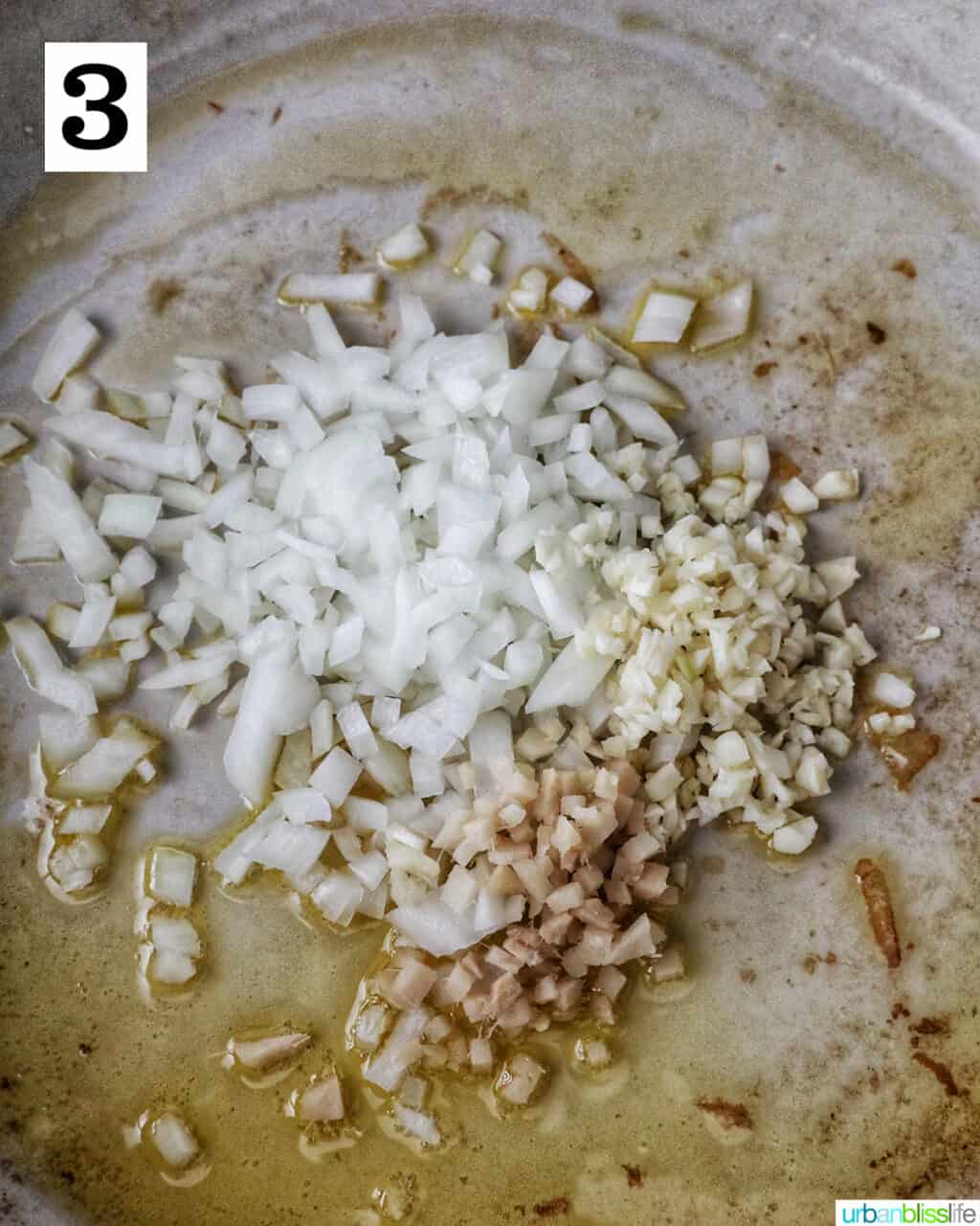 diced onions and garlic in a large pan.