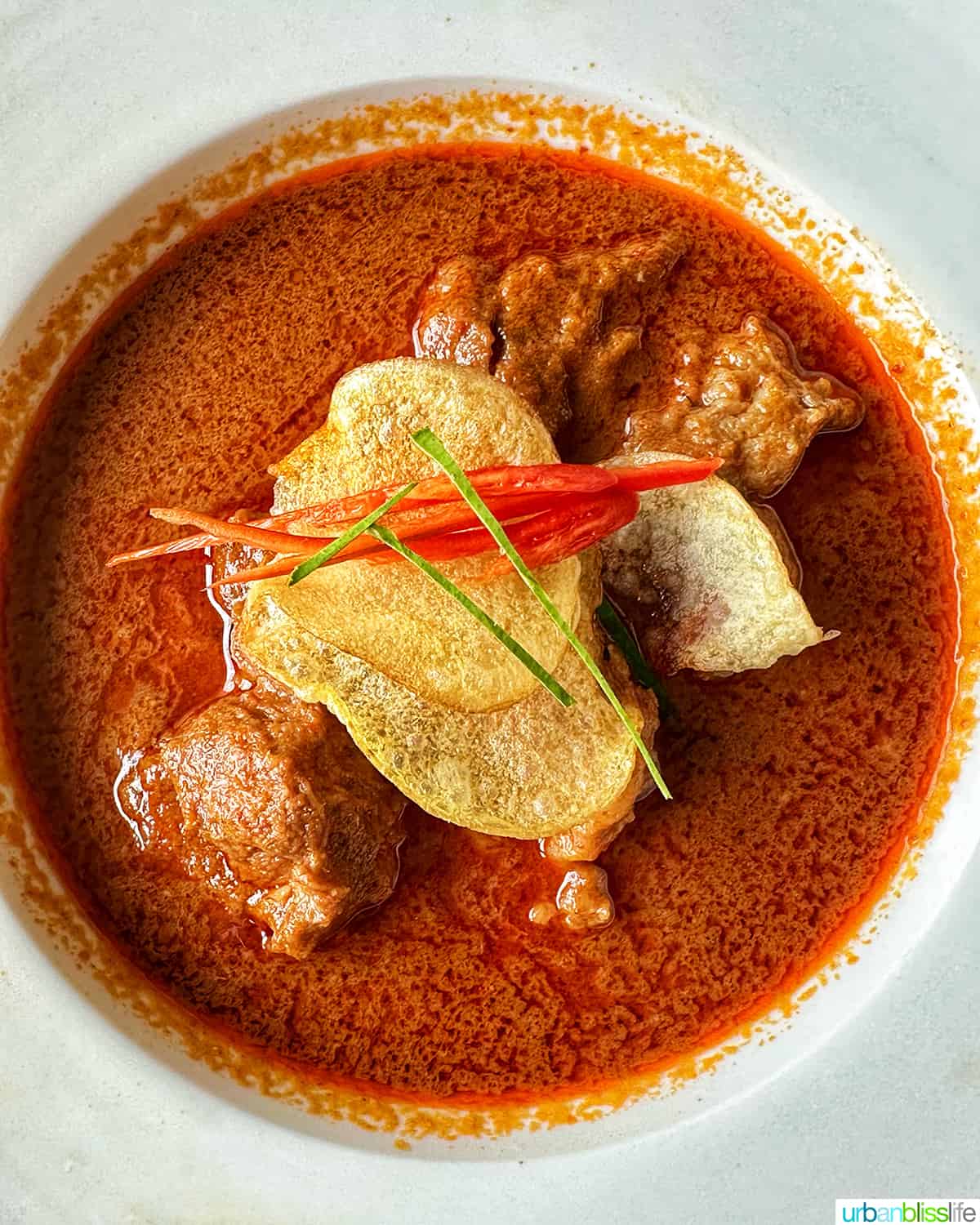 bowl of Gaeng Massaman Curry - beef with red curry.