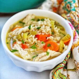 Lemon Chicken and Rice Soup in a white bowl.