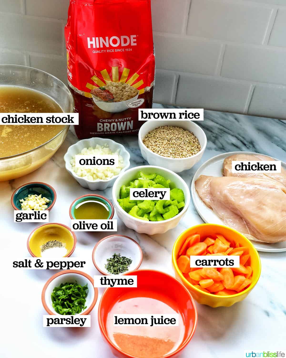 bowls and plates full of individual ingredients needed to make Lemon Chicken and Rice Soup.