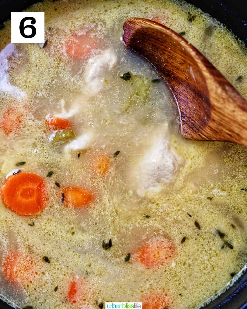 wooden spoon stirring chicken soup.