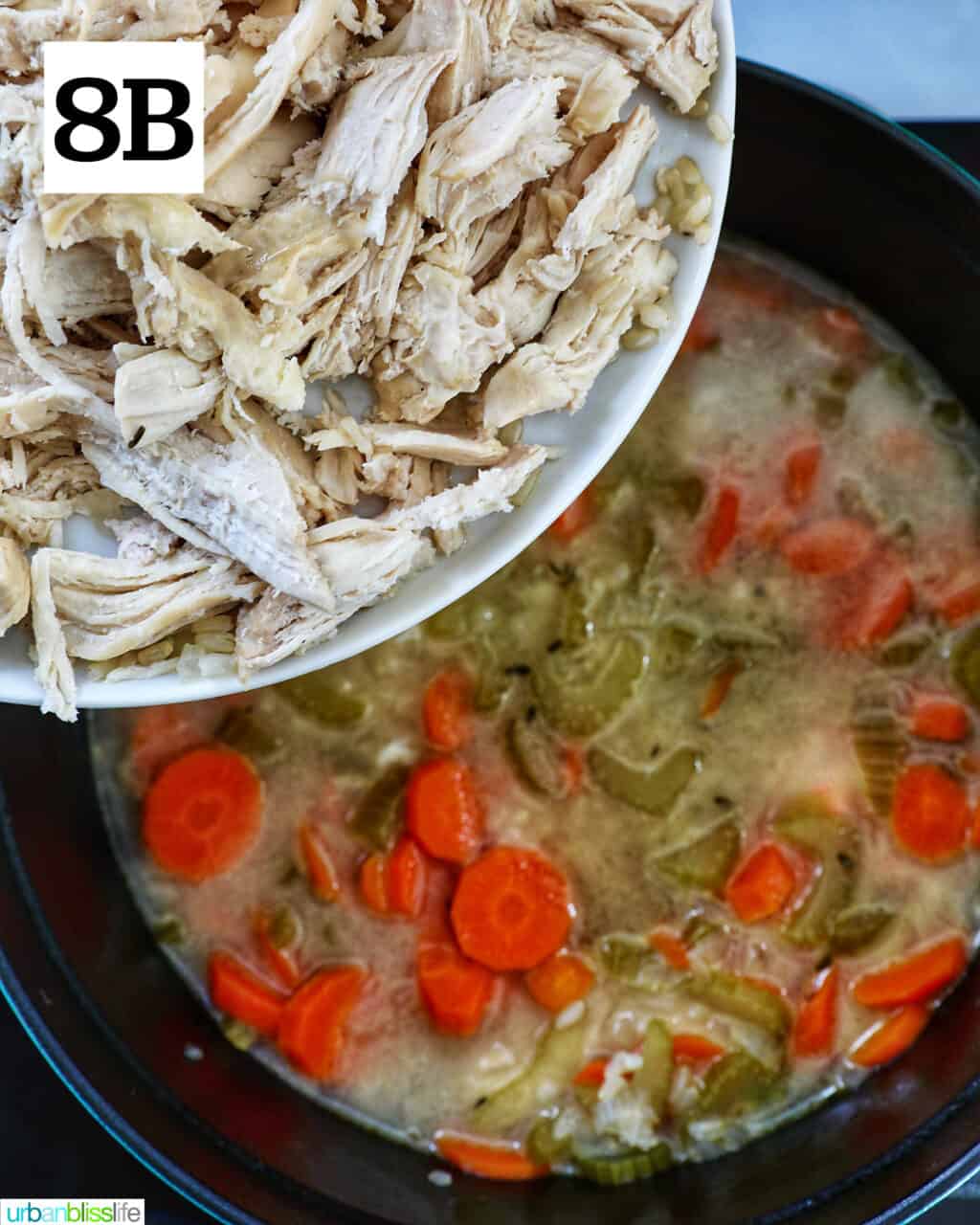 plate of shredded chicken over a pot of soup.