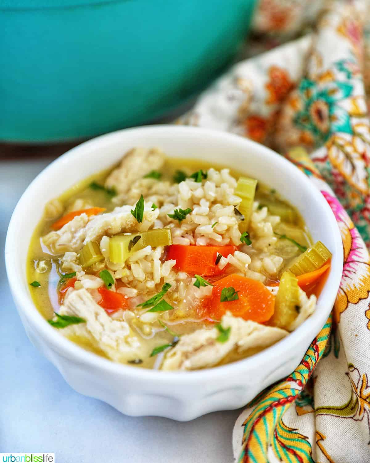 Lemon Chicken and Rice Soup in a white bowl.