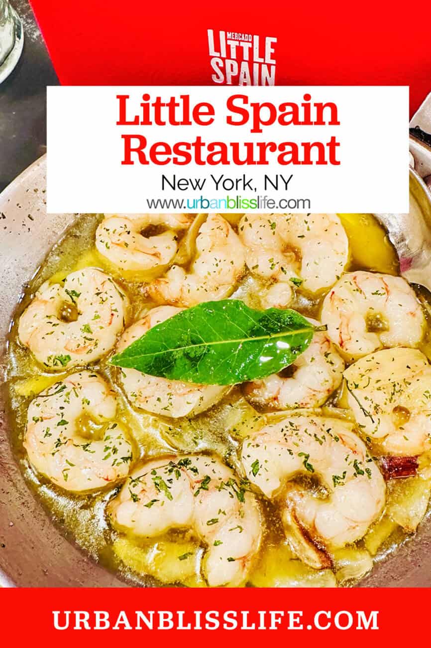 Gambas al Ajillo (shrimp) at Mercado Little Spain in NYC, with title text overlay.