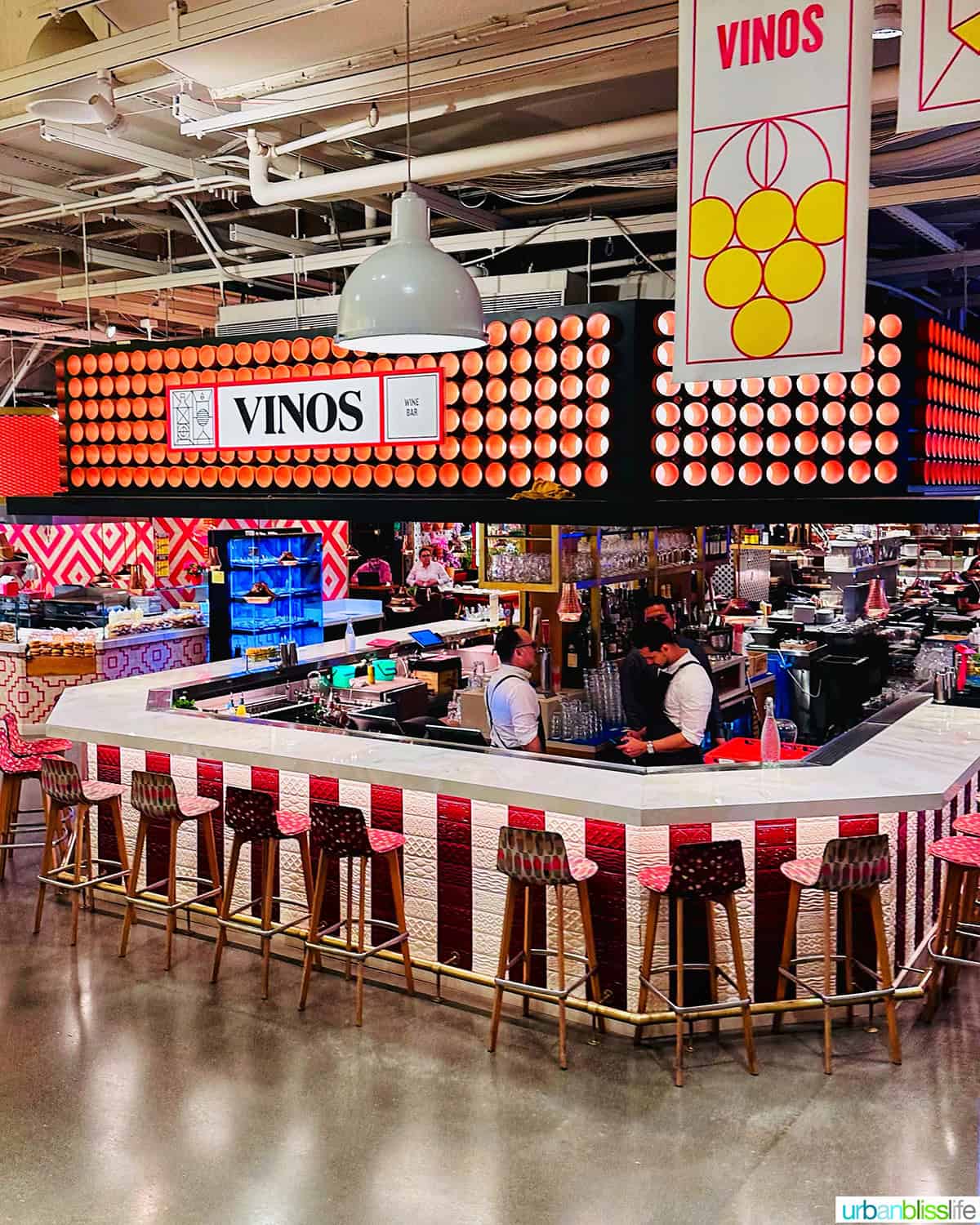 Vinos bar seating at Mercado Little Spain in NYC.