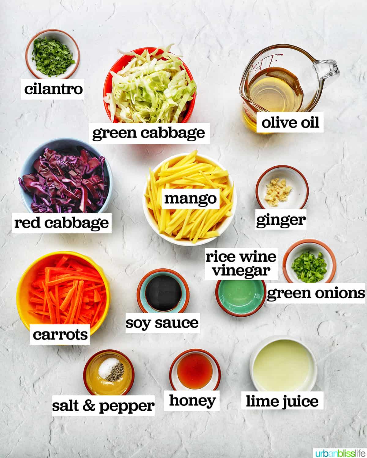 bowls of ingredients to make mango slaw.