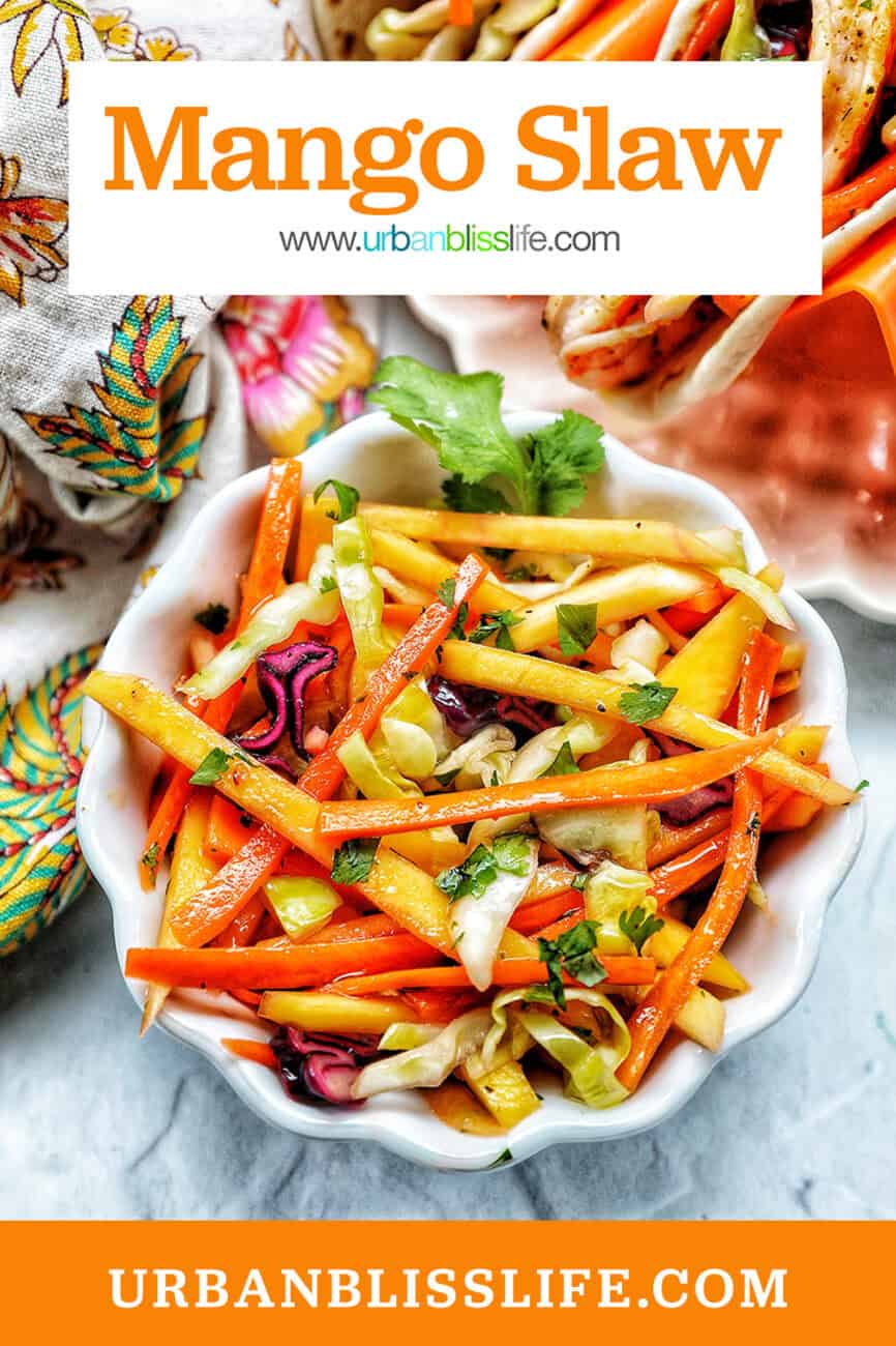 bowl of mango slaw with title text overlay.