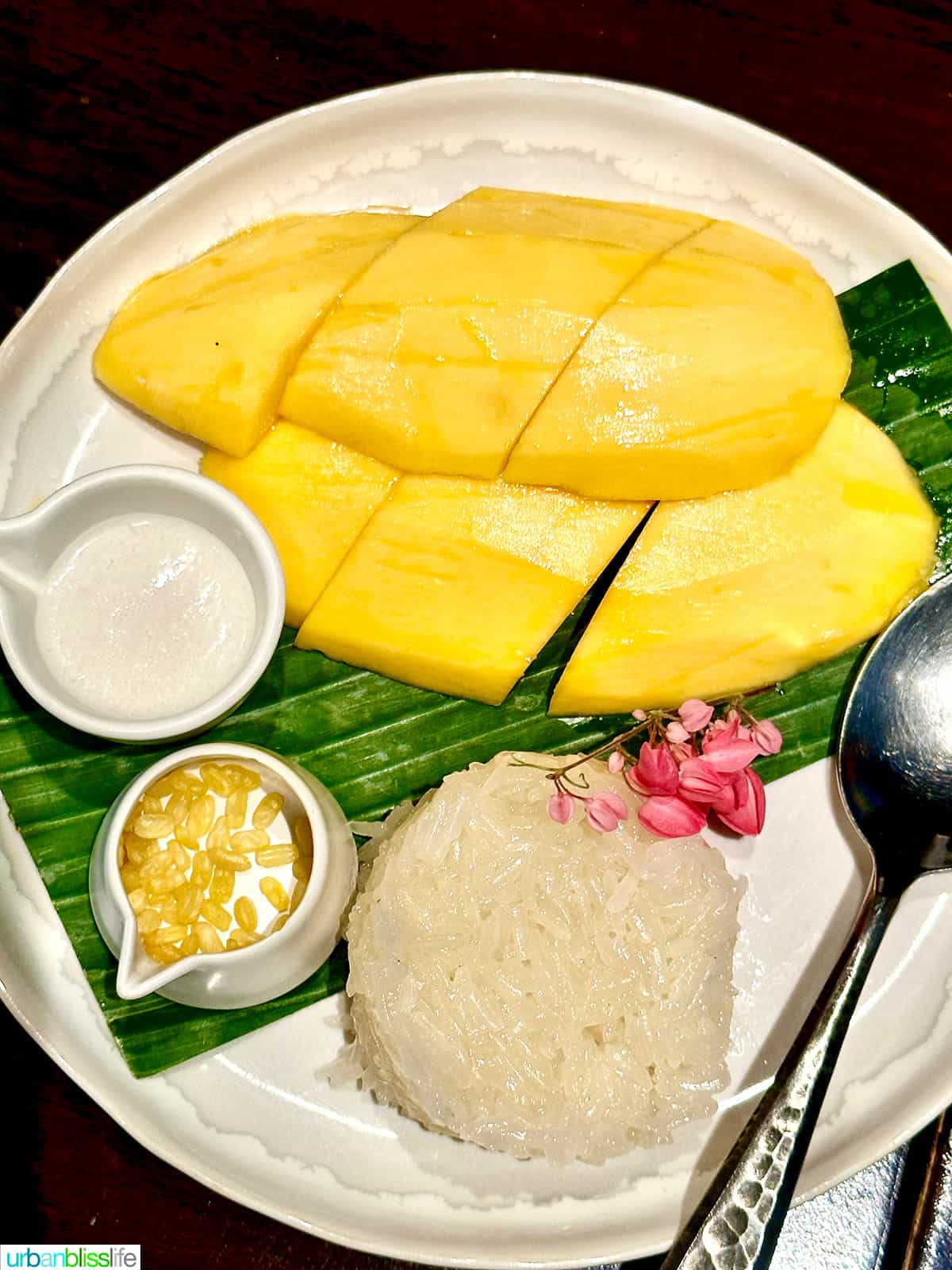 plate of mango sticky rice on banana leaves.