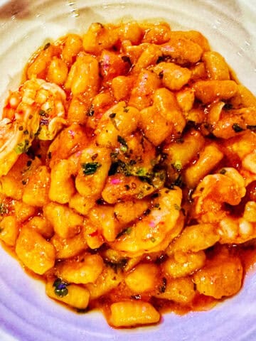 gemberetti shrimp pasta in a bowl at Marea NYC restaurant.