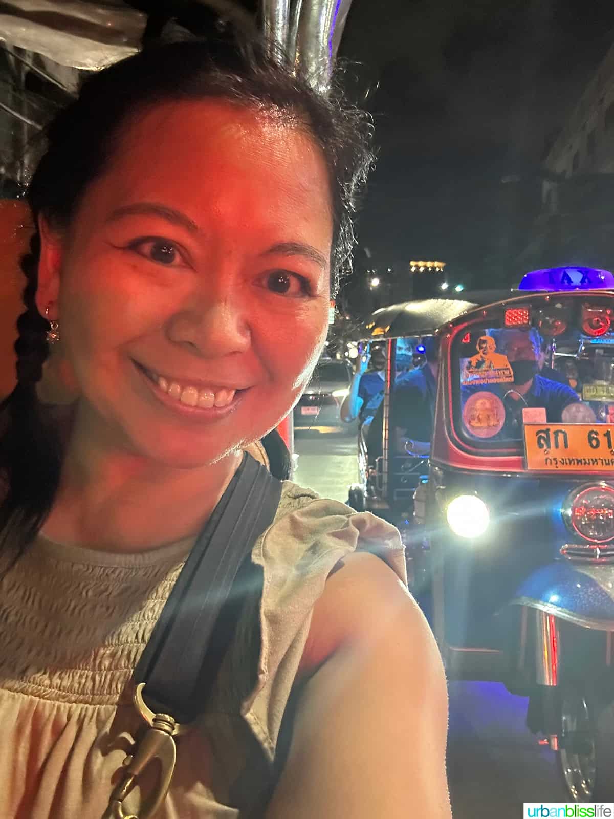 Marlynn in a tuk tuk in Bangkok Thailand.