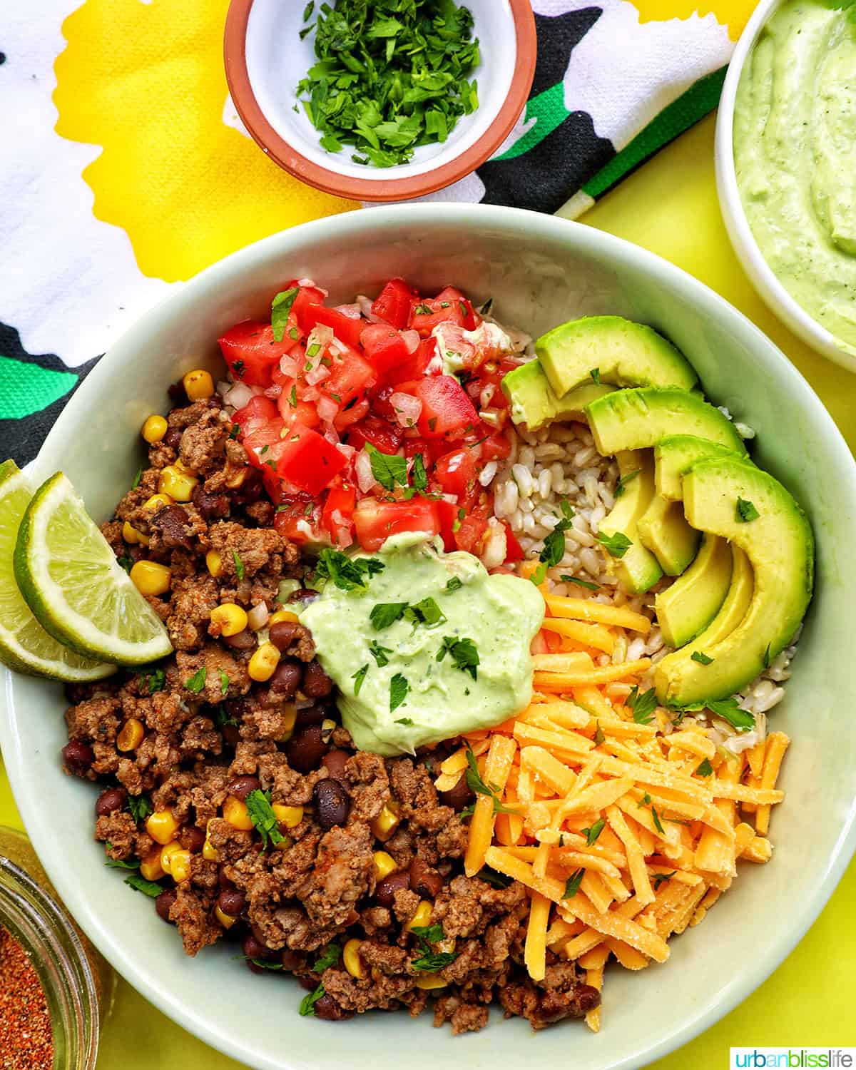 taco bowl of brown rice, beef, beans, corn, tomatoes.