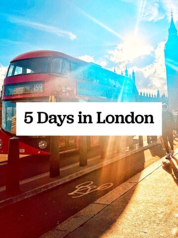 big ben and red double decker bus in london with text overlay