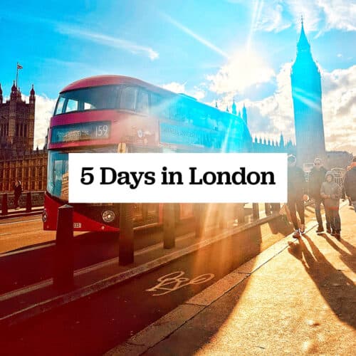 big ben and red double decker bus in london with text overlay