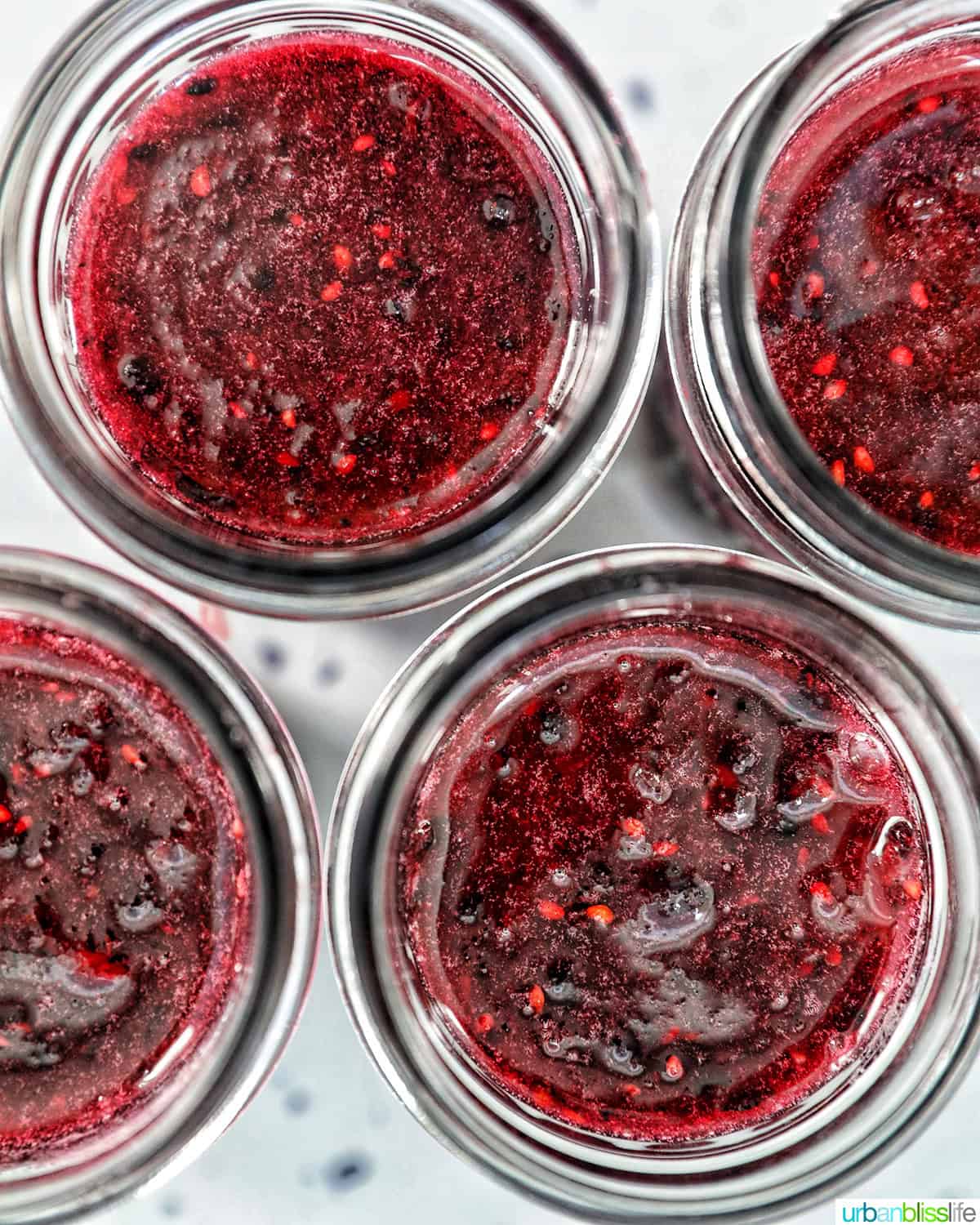 mason jars filled with blackberry freezer jam.
