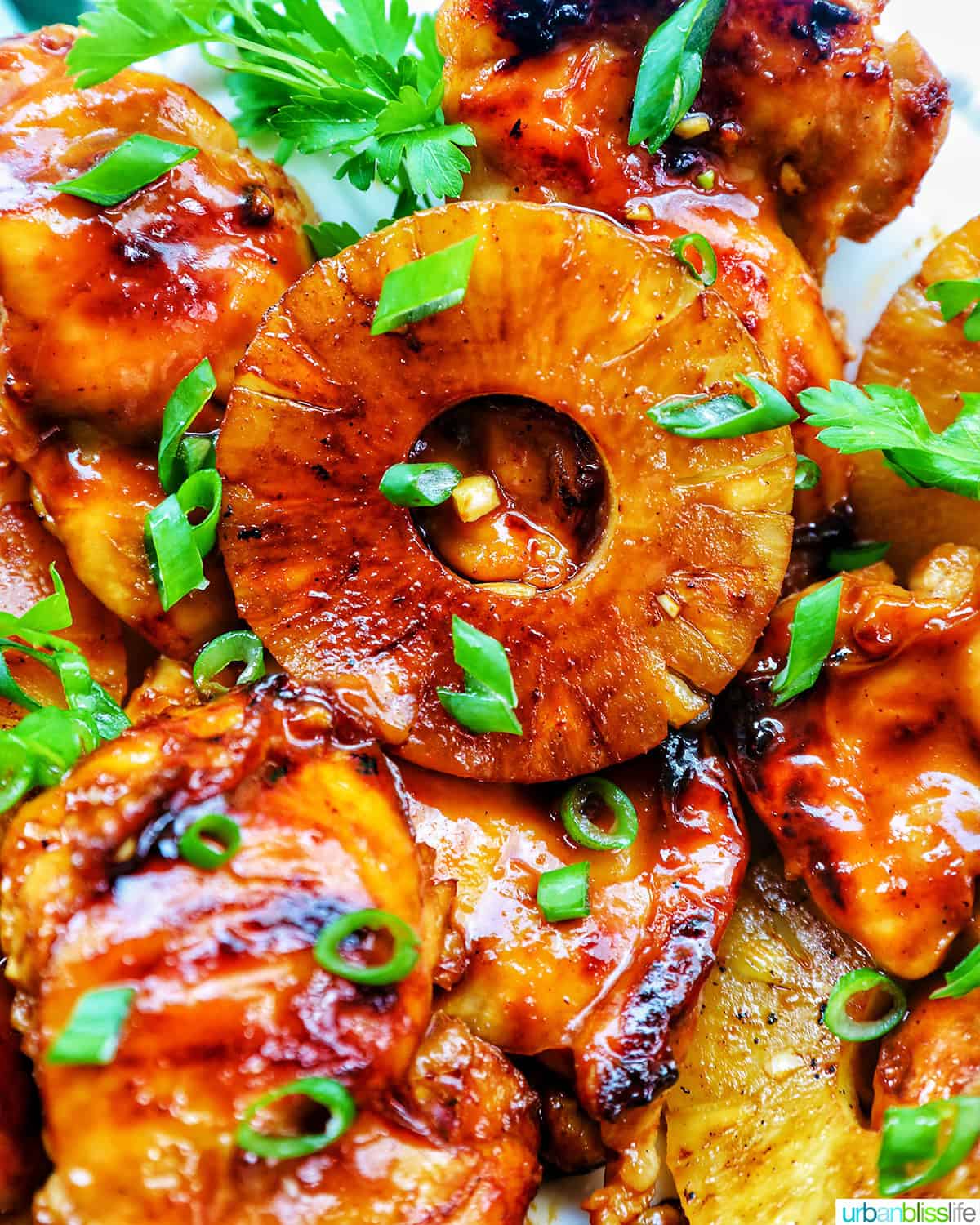 BBQ chicken and pineapples with herbs.