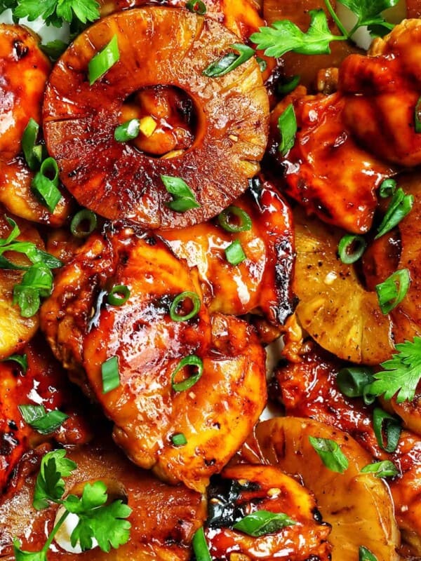 BBQ chicken and pineapples with herbs.