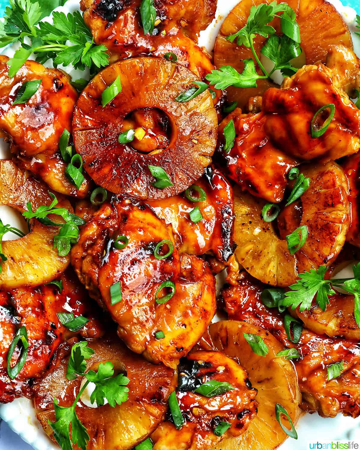 BBQ chicken and pineapples with herbs.