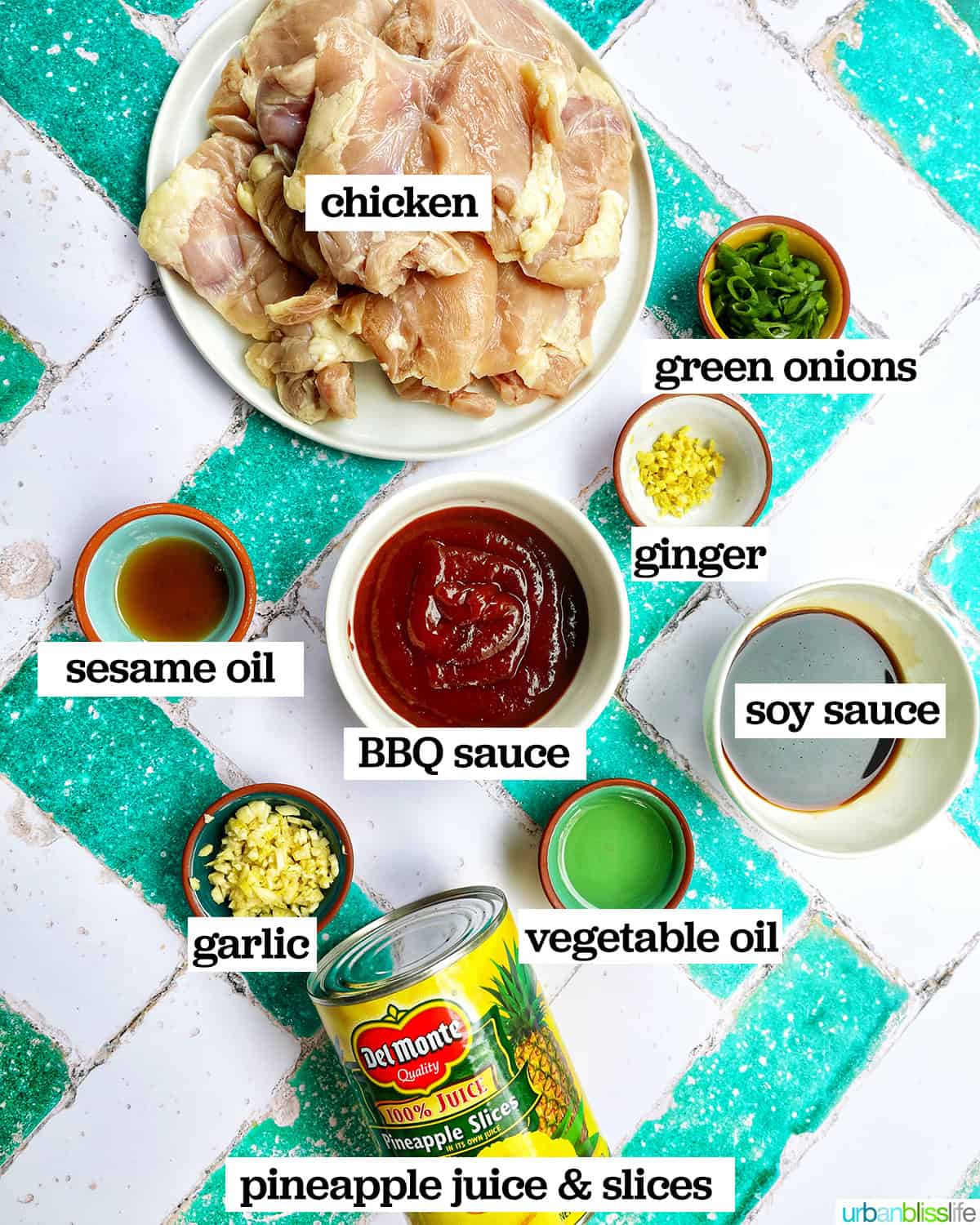 bowls of ingredients to make Hawaiian BBQ Chicken.